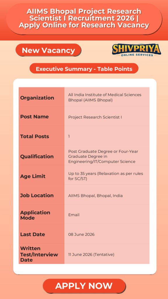 AIIMS Bhopal Project Research Scientist I Recruitment 2026 | Apply Online for Research Vacancy