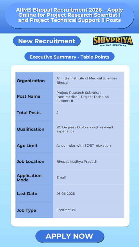 AIIMS Bhopal Recruitment 2026 – Apply Online for Project Research Scientist I and Project Technical Support II Posts
