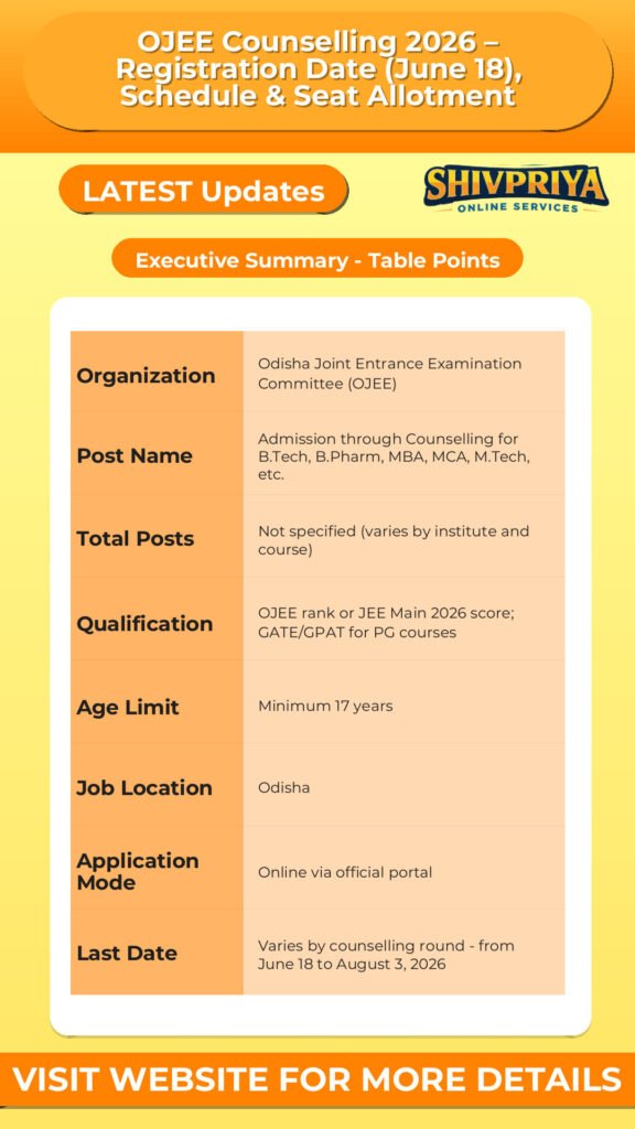 OJEE Counselling 2026 – Registration Date (June 18), Schedule & Seat Allotment