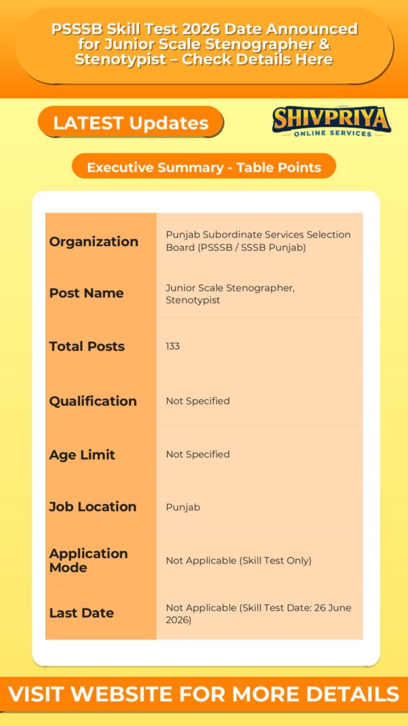 PSSSB Skill Test 2026 Date Announced for Junior Scale Stenographer & Stenotypist – Check Details Here