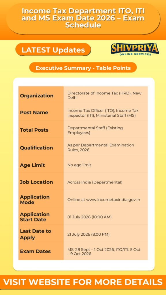 Income Tax Department ITO, ITI and MS Exam Date 2026 – Exam Schedule