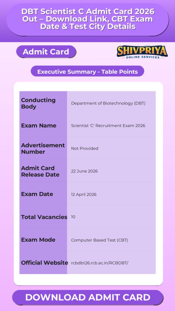 DBT Scientist C Admit Card 2026 Out – Download Link, CBT Exam Date & Test City Details