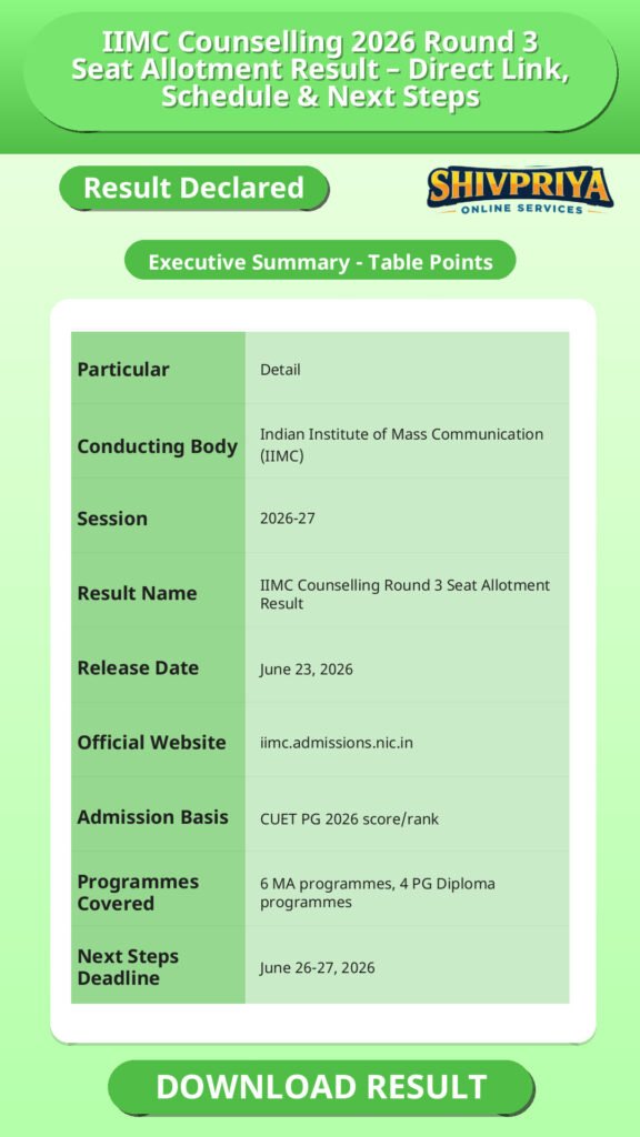 IIMC Counselling 2026 Round 3 Seat Allotment Result – Direct Link, Schedule & Next Steps
