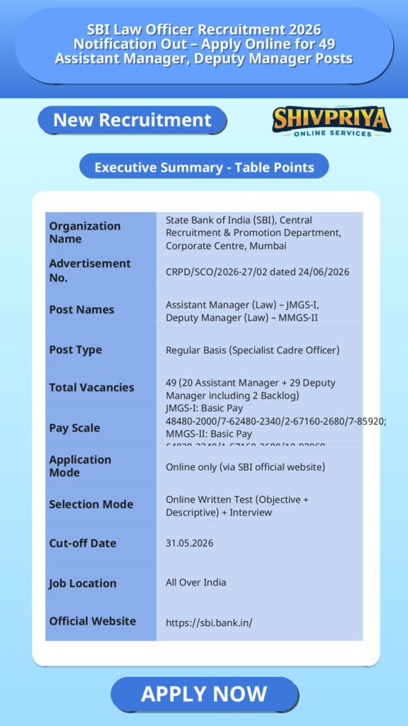 SBI Law Officer Recruitment 2026 Notification Out – Apply Online for 49 Assistant Manager, Deputy Manager Posts