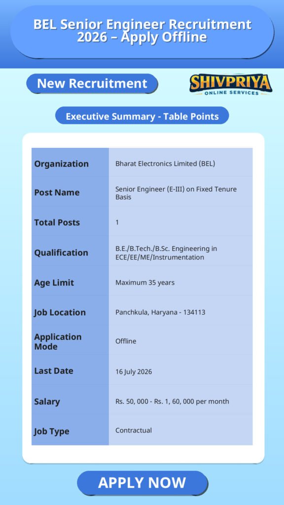 BEL Senior Engineer Recruitment 2026 – Apply Offline