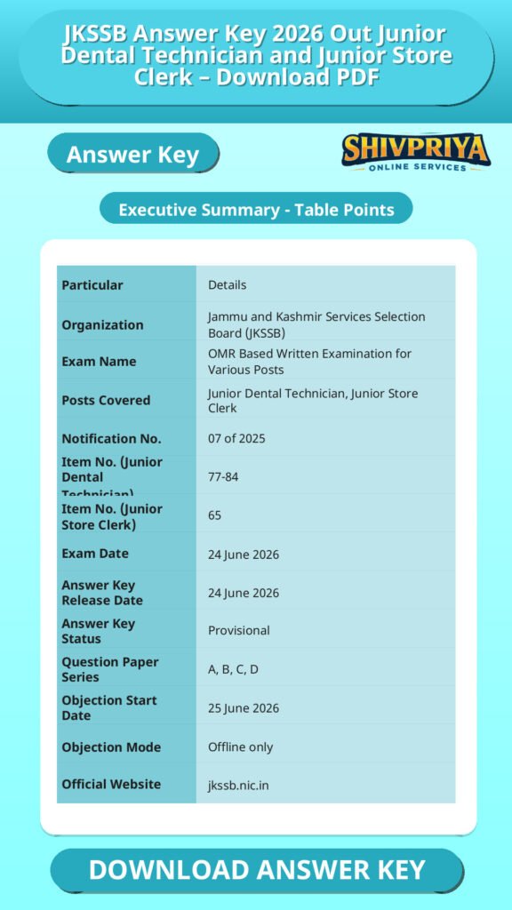 JKSSB Answer Key 2026 Out Junior Dental Technician and Junior Store Clerk – Download PDF