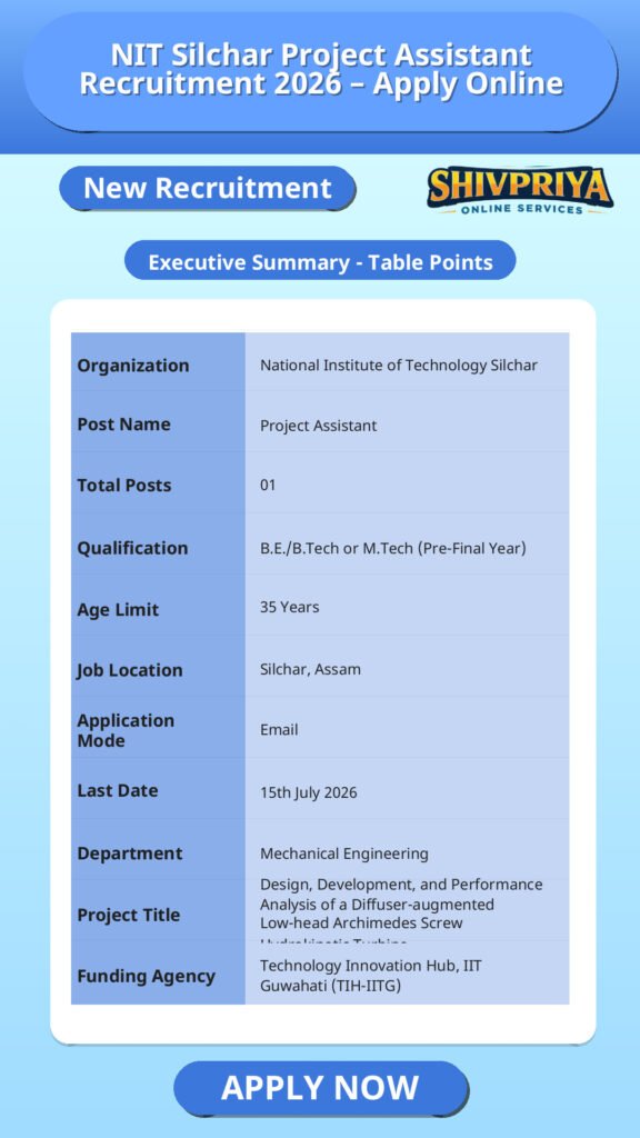 NIT Silchar Project Assistant Recruitment 2026 – Apply Online