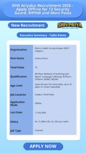 DHS Ariyalur Recruitment 2026 – Apply Offline for 13 Security Guard, MPHW and More Posts