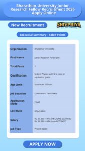 Bharathiar University Junior Research Fellow Recruitment 2026 – Apply Online