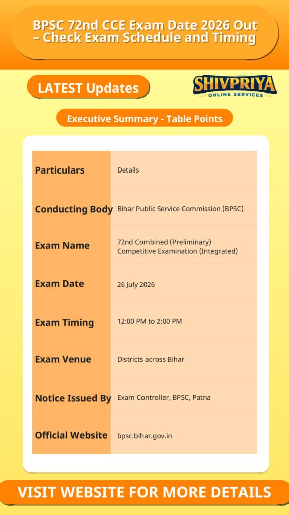 BPSC 72nd CCE Exam Date 2026 Out – Check Exam Schedule and Timing