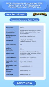 NPCIL Kudankulam Recruitment 2026: Apply Online for 255 Stipendiary Trainee/Technician (ST/TN) Posts