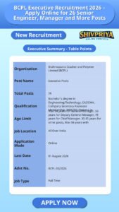 BCPL Executive Recruitment 2026 – Apply Online for 26 Senior Engineer, Manager and More Posts