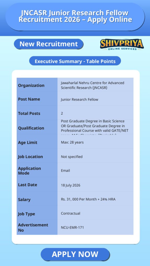 JNCASR Junior Research Fellow Recruitment 2026 – Apply Online