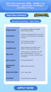ESIC Recruitment 2026 – Walkin for 74 Professor, Associate Professor, and More Posts
