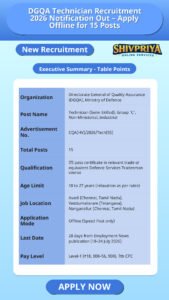 DGQA Technician Recruitment 2026 Notification Out – Apply Offline for 15 Posts