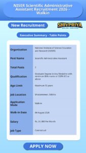 NISER Scientific Administrative Assistant Recruitment 2026 – Walkin
