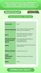 BCECE 2026 Round 2 Seat Allotment Result Out – Check Direct Link, Dates & Document Verification