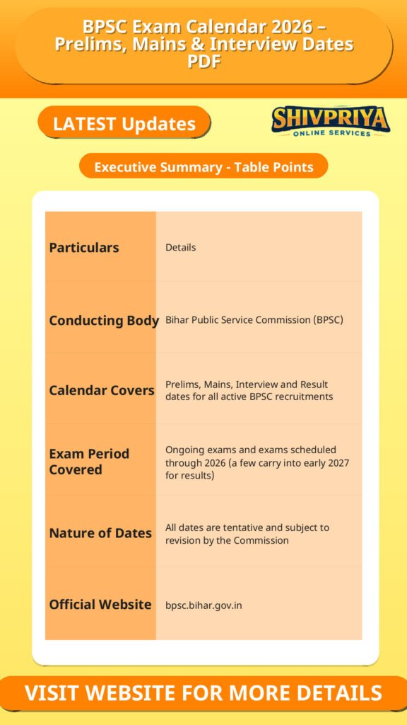 BPSC Exam Calendar 2026 – Prelims, Mains & Interview Dates PDF