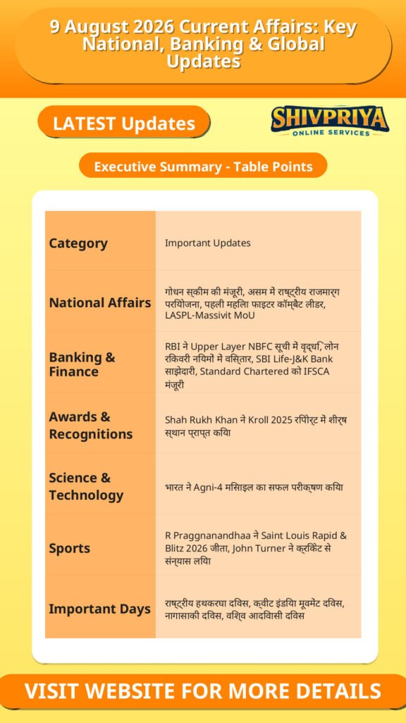 9 August 2026 Current Affairs: Key National, Banking & Global Updates