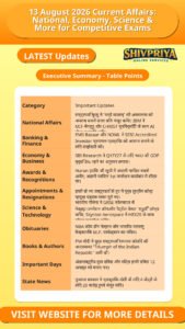 13 August 2026 Current Affairs: National, Economy, Science & More for Competitive Exams