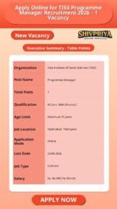 Apply Online for TISS Programme Manager Recruitment 2026 – 1 Vacancy
