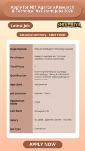 Apply for NIT Agartala Research & Technical Assistant Jobs 2026