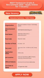 NIOT Technician Grade A Recruitment 2026 – Apply Online for 1 Vacancy