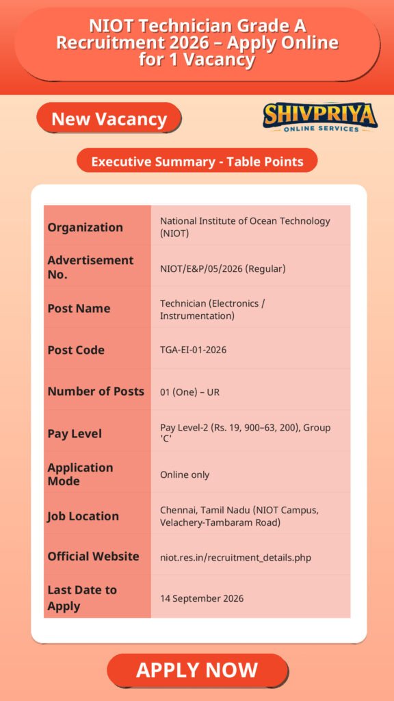 NIOT Technician Grade A Recruitment 2026 – Apply Online for 1 Vacancy