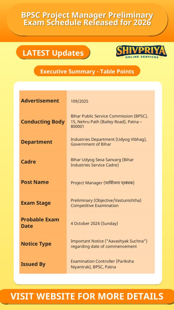 BPSC Project Manager Preliminary Exam Schedule Released for 2026
