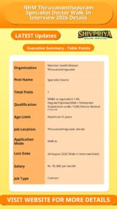 NHM Thiruvananthapuram Specialist Doctor Walk-In Interview 2026 Details