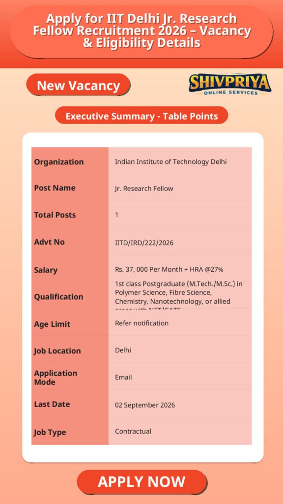 Apply for IIT Delhi Jr. Research Fellow Recruitment 2026 – Vacancy & Eligibility Details