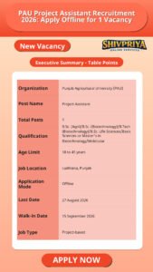 PAU Project Assistant Recruitment 2026: Apply Offline for 1 Vacancy