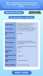 SBC Visakhapatnam Recruitment 2026: Apply Online for 9 Group C Posts