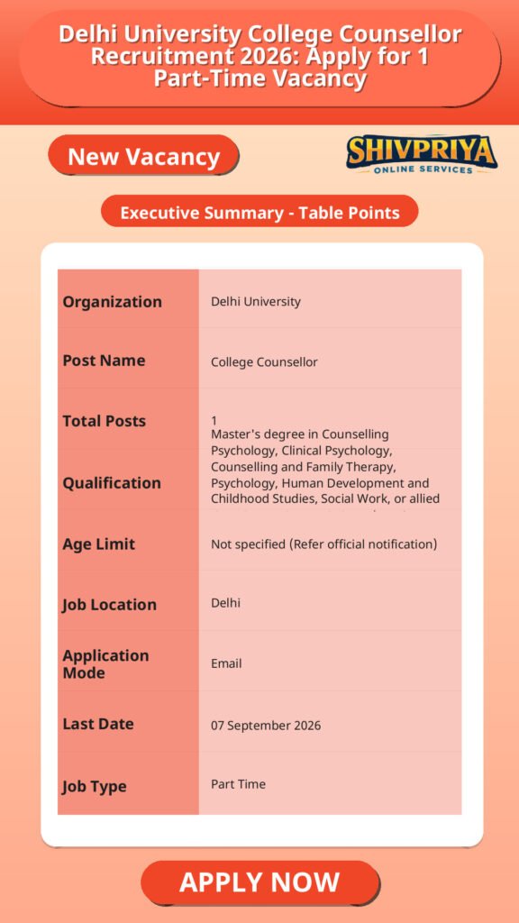 Delhi University College Counsellor Recruitment 2026: Apply for 1 Part-Time Vacancy