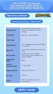 TMC ACTREC Technician Recruitment 2026: Walk-in Interview Details & Eligibility