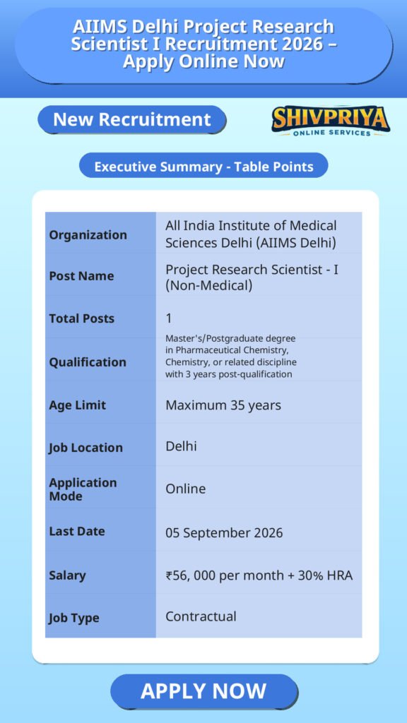AIIMS Delhi Project Research Scientist I Recruitment 2026 – Apply Online Now