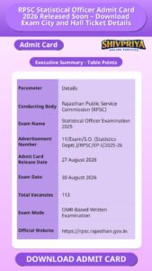 RPSC Statistical Officer Admit Card 2026 Released Soon – Download Exam City and Hall Ticket Details