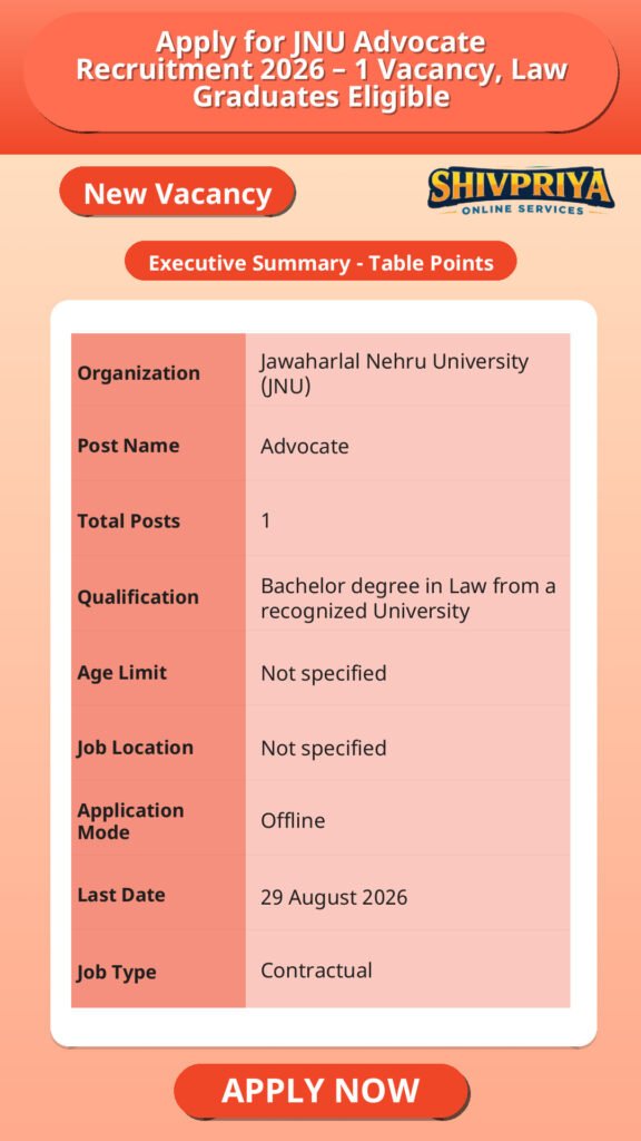 Apply for JNU Advocate Recruitment 2026 – 1 Vacancy, Law Graduates Eligible