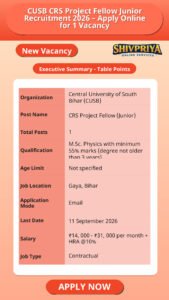 CUSB CRS Project Fellow Junior Recruitment 2026 – Apply Online for 1 Vacancy