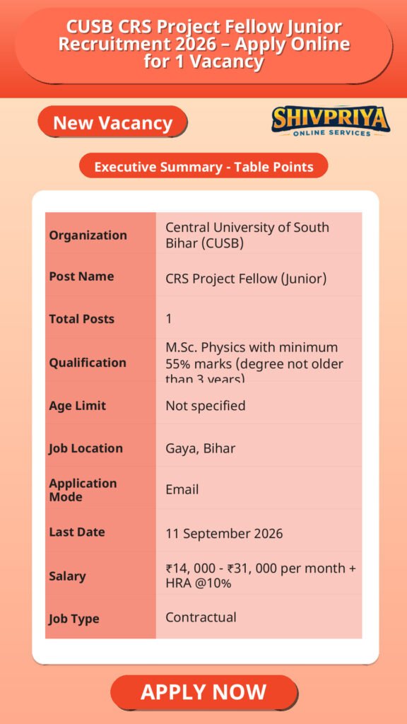CUSB CRS Project Fellow Junior Recruitment 2026 – Apply Online for 1 Vacancy