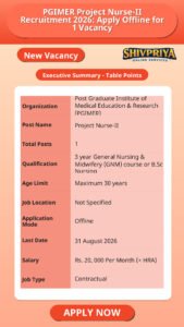 PGIMER Project Nurse-II Recruitment 2026: Apply Offline for 1 Vacancy