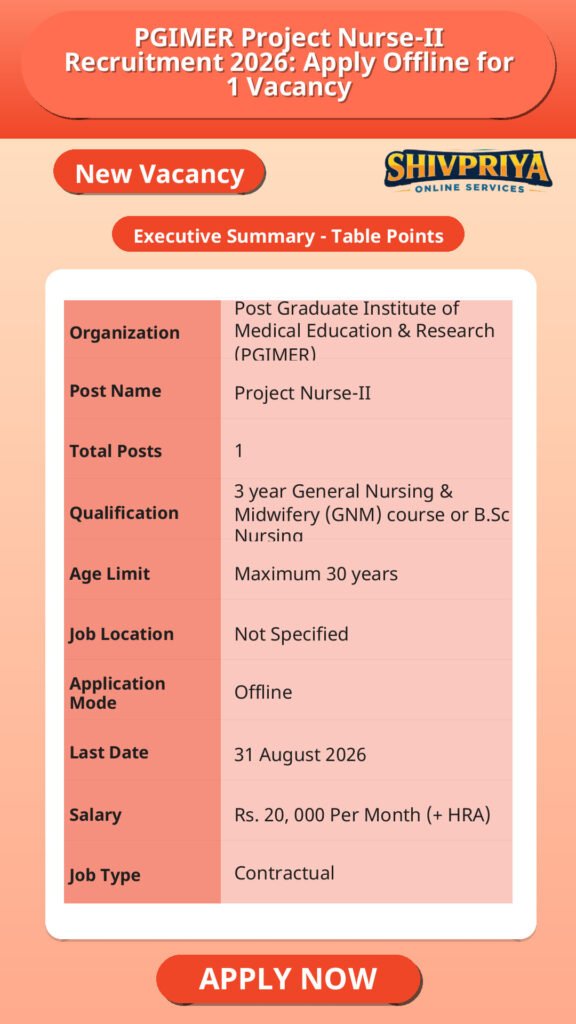 PGIMER Project Nurse-II Recruitment 2026: Apply Offline for 1 Vacancy