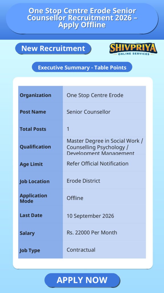 One Stop Centre Erode Senior Counsellor Recruitment 2026 – Apply Offline
