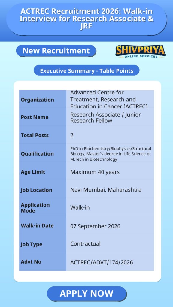 ACTREC Recruitment 2026: Walk-in Interview for Research Associate & JRF