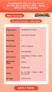 Pudukkottai District Out Reach Worker Recruitment 2026 – Apply Offline for 1 Vacancy
