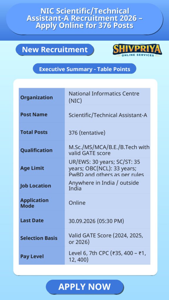 NIC Scientific/Technical Assistant-A Recruitment 2026 – Apply Online for 376 Posts