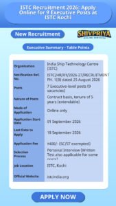 ISTC Recruitment 2026: Apply Online for 9 Executive Posts at ISTC Kochi