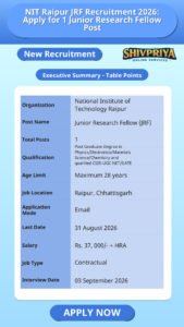 NIT Raipur JRF Recruitment 2026: Apply for 1 Junior Research Fellow Post