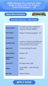 AIIMS Bhopal Recruitment 2026 Walk-in Interview for Project Technical Support – III
