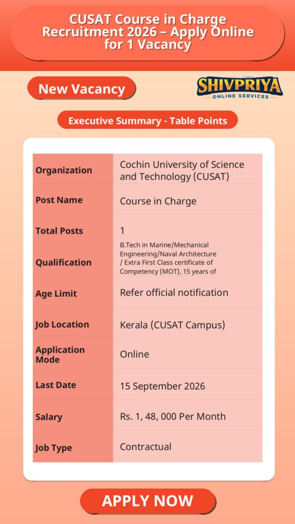 CUSAT Course in Charge Recruitment 2026 – Apply Online for 1 Vacancy